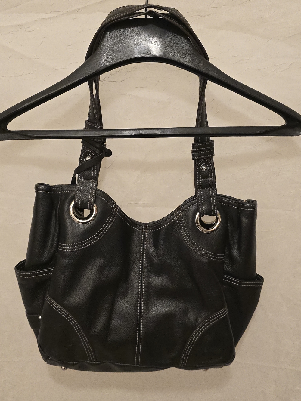 Tignanello Black Leather Shoulder Bag with Silver Hardware